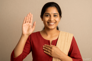 Person communicating in Indian Sign Language with expressive hand gestures and facial expressions.