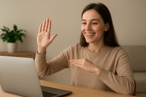 A smiling learner practicing conversational sign phrases with expressive hands and face while learning from a video tutorial.