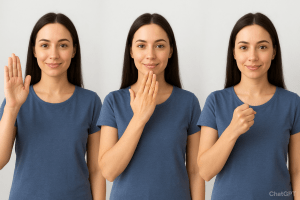 Person practicing everyday sign vocabulary for greetings, family, and food in sign language.