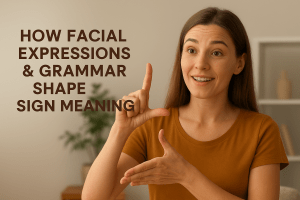 A young person demonstrating expressive facial movements and hand gestures while signing, illustrating how facial expressions convey meaning in sign language.