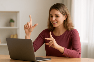 A young woman smiling and practicing sign language while watching lessons from Sign Academy's sign dictionary on her laptop in a bright, modern room with soft natural light.