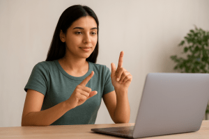 A young woman learning sign language video lessons from a laptop, practicing hand gestures with focus and confidence at a wooden table in a softly lit room.
