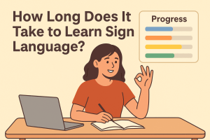 A young woman sitting at a desk, practicing sign language while watching an online lesson on a laptop, symbolizing dedication and progress in learning sign language.