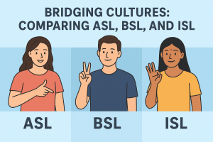 Illustration showing three diverse signers—an American, a British, and an Indian—signing common words side by side, symbolizing the comparison between ASL, BSL, and ISL.