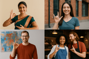 A collage of smiling Deaf individuals using sign language in different settings — a dancer, teacher, artist, and café owners — representing inspiring stories from the Deaf community.