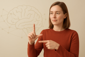 A person signing with expressive hand movements, representing how sign language activates visual and language areas in the brain.