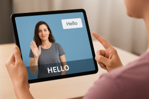 A person using a tablet to learn sign language through an interactive app with hand gesture recognition.