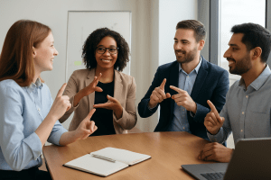 A professional meeting scene featuring diverse individuals communicating in sign language, representing inclusion in the workplace and education.
