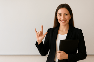 A young professional woman holds a certification folder while smiling confidently in front of a classroom whiteboard displaying sign language symbols, representing career growth and sign language interpreter certification.