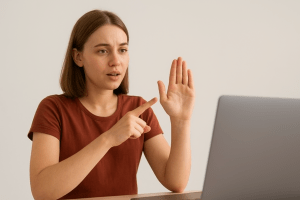 A young person practicing sign language in front of a laptop, using expressive facial movements and hand gestures to improve fluency.
