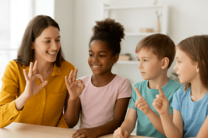 A smiling teacher and three children practicing sign language together in a bright classroom, using playful gestures and expressions to make learning fun.