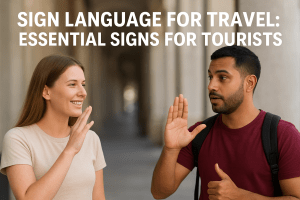 Two travelers communicating in sign language outdoors, with one signing “thank you” and the other smiling, symbolizing the use of travel sign language for easy communication while exploring new places.